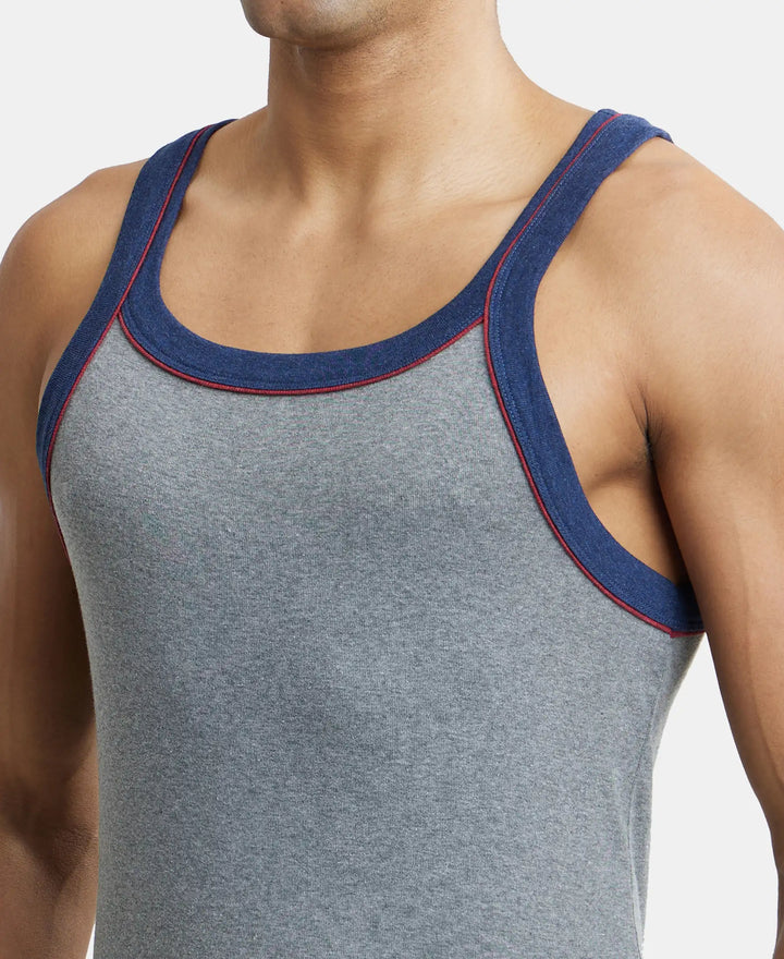 Super Combed Cotton Rib Square Neck Gym Vest with Graphic Print - Grey Melange & Ink Blue-6