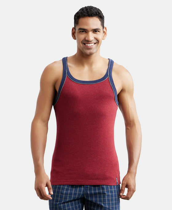 Super Combed Cotton Rib Square Neck Gym Vest with Graphic Print - Red Melange-1