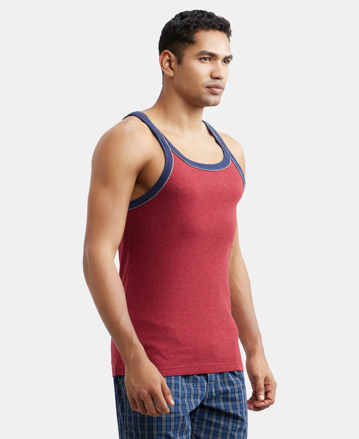 Super Combed Cotton Rib Square Neck Gym Vest with Graphic Print - Red Melange-2