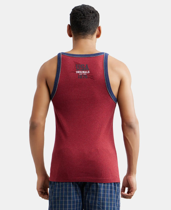 Super Combed Cotton Rib Square Neck Gym Vest with Graphic Print - Red Melange-3