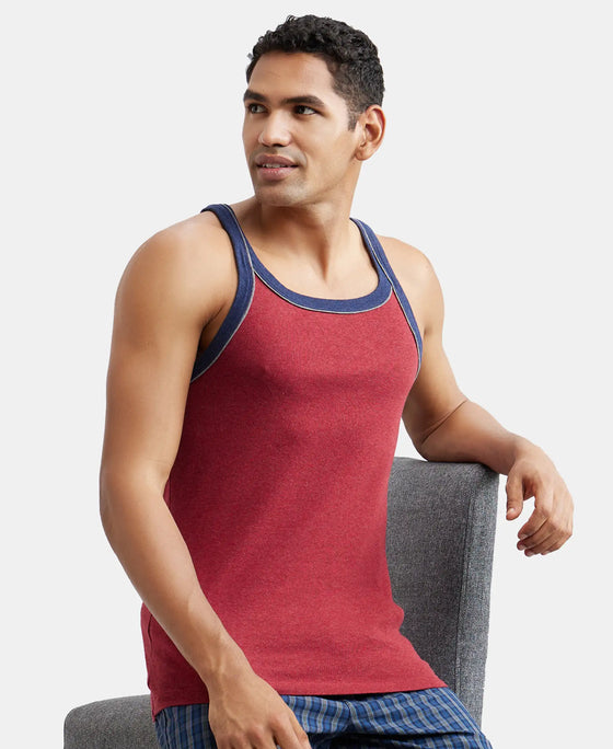 Super Combed Cotton Rib Square Neck Gym Vest with Graphic Print - Red Melange-5