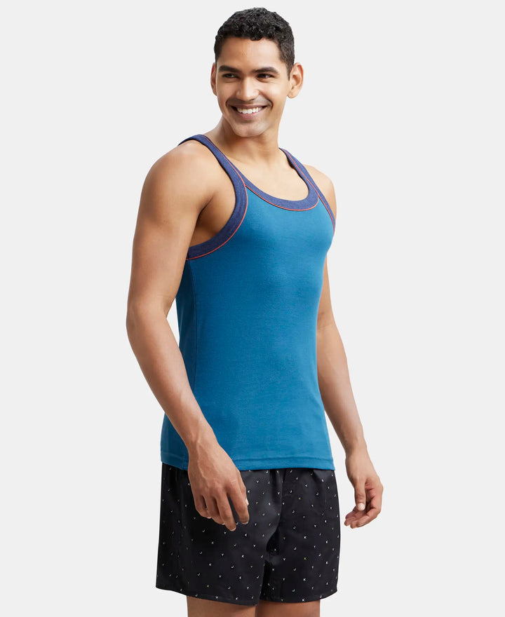 Super Combed Cotton Rib Square Neck Gym Vest with Graphic Print - Seaport Teal-2