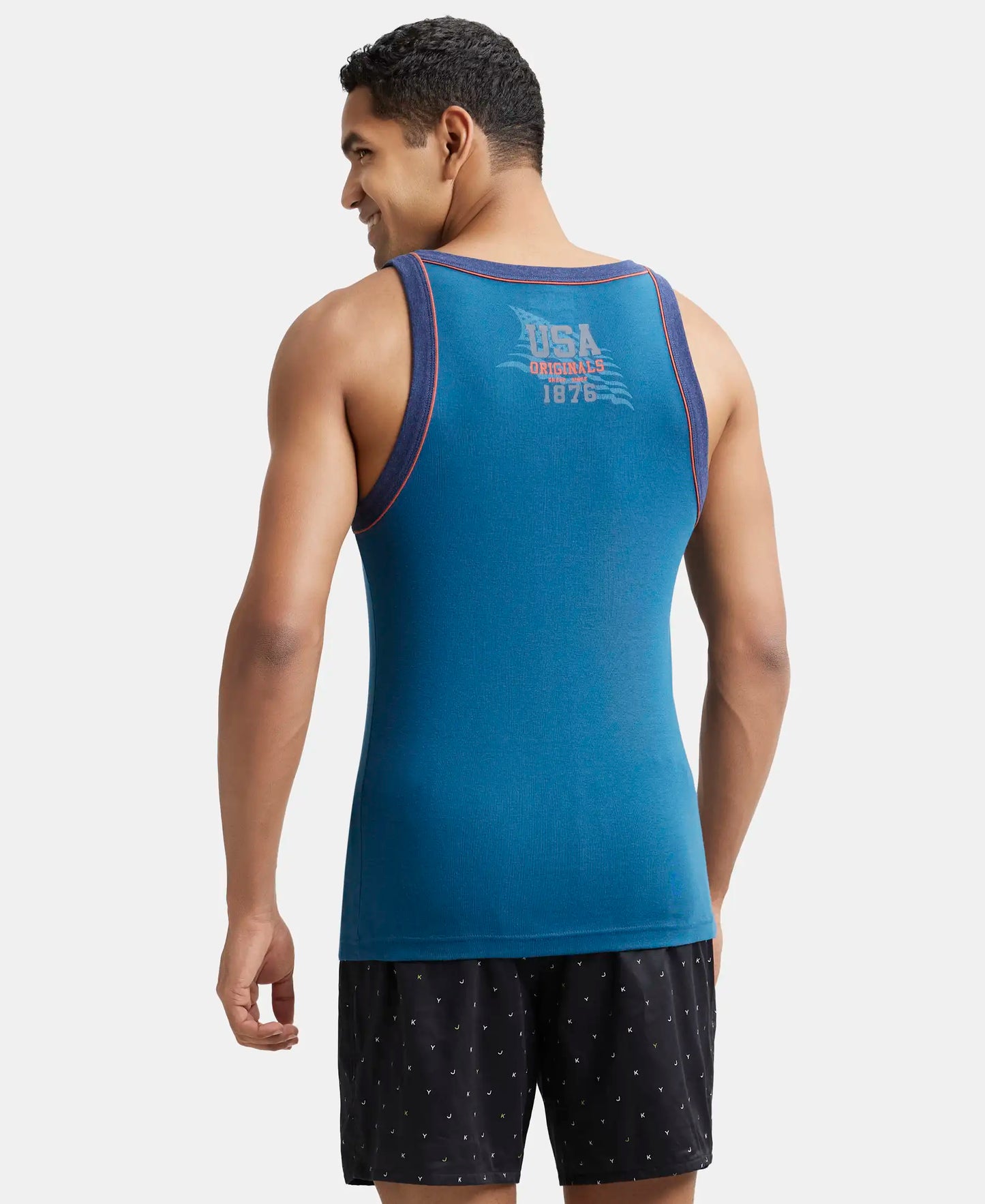 Super Combed Cotton Rib Square Neck Gym Vest with Graphic Print - Seaport Teal-3