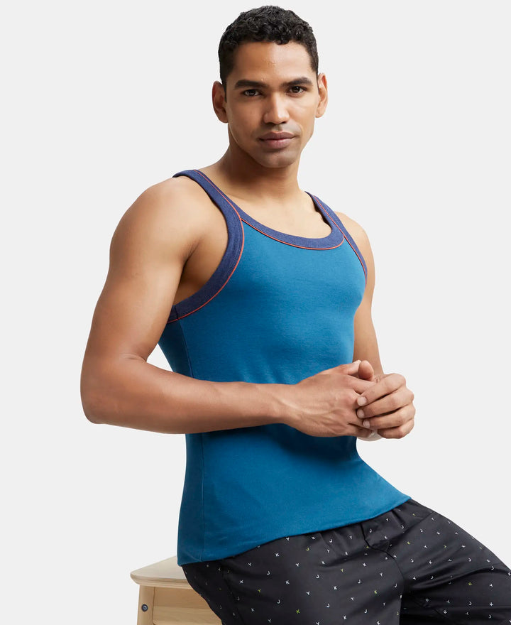 Super Combed Cotton Rib Square Neck Gym Vest with Graphic Print - Seaport Teal-5