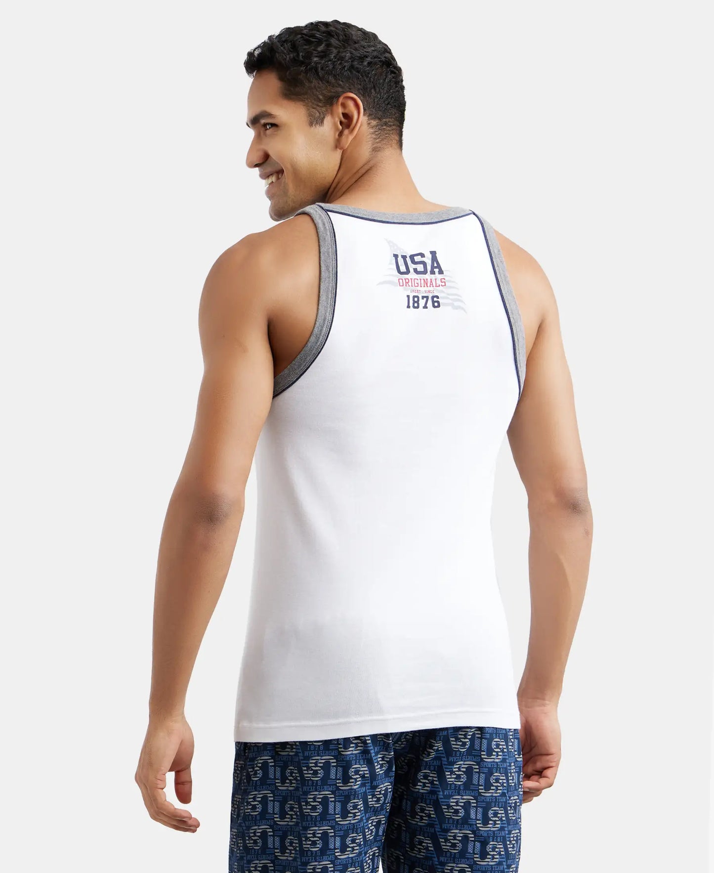 Super Combed Cotton Rib Square Neck Gym Vest with Graphic Print - White-3
