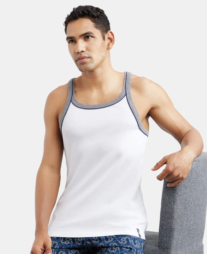 Super Combed Cotton Rib Square Neck Gym Vest with Graphic Print - White-5
