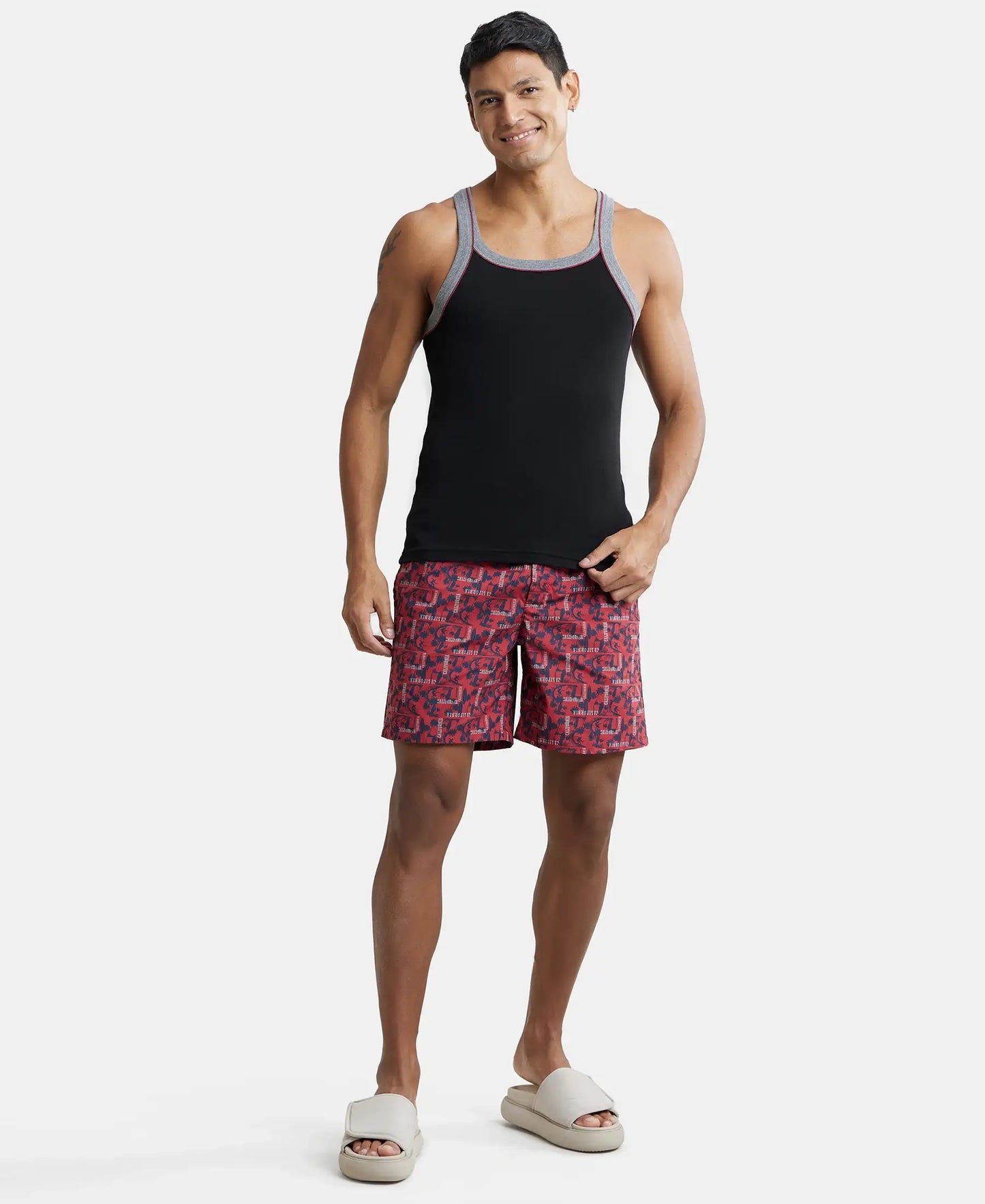 Super Combed Mercerized Cotton Woven Printed Boxer Shorts with Side Pocket - Brick Red-4