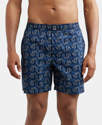 Super Combed Mercerized Cotton Woven Printed Boxer Shorts with Side Pocket - Navy-1