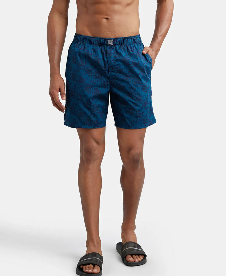 Super Combed Mercerized Cotton Woven Printed Boxer Shorts with Side Pocket - Nickel & Seaport Teal-8