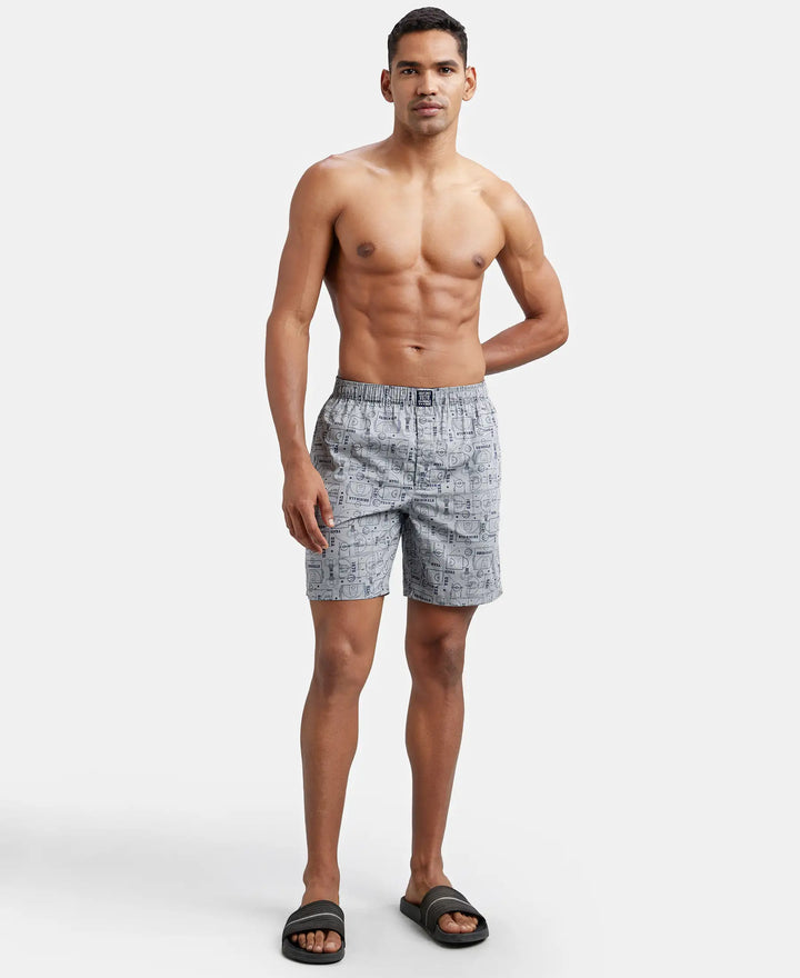 Super Combed Mercerized Cotton Woven Printed Boxer Shorts with Side Pocket - Nickel & Seaport Teal-9
