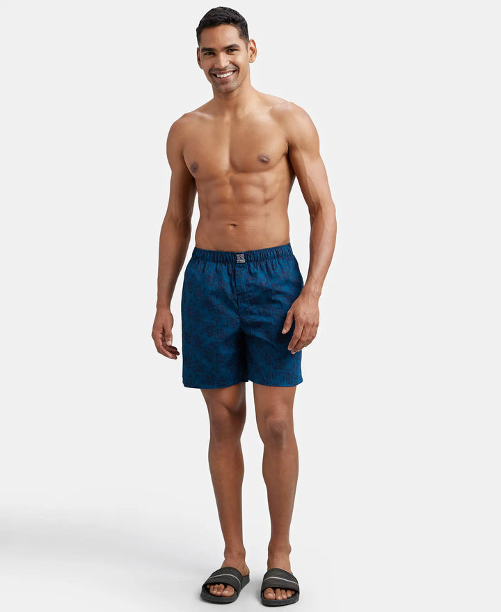 Super Combed Mercerized Cotton Woven Printed Boxer Shorts with Side Pocket - Nickel & Seaport Teal-10