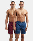 Super Combed Mercerized Cotton Woven Printed Boxer Shorts with Side Pocket - Navy Brick Red-1