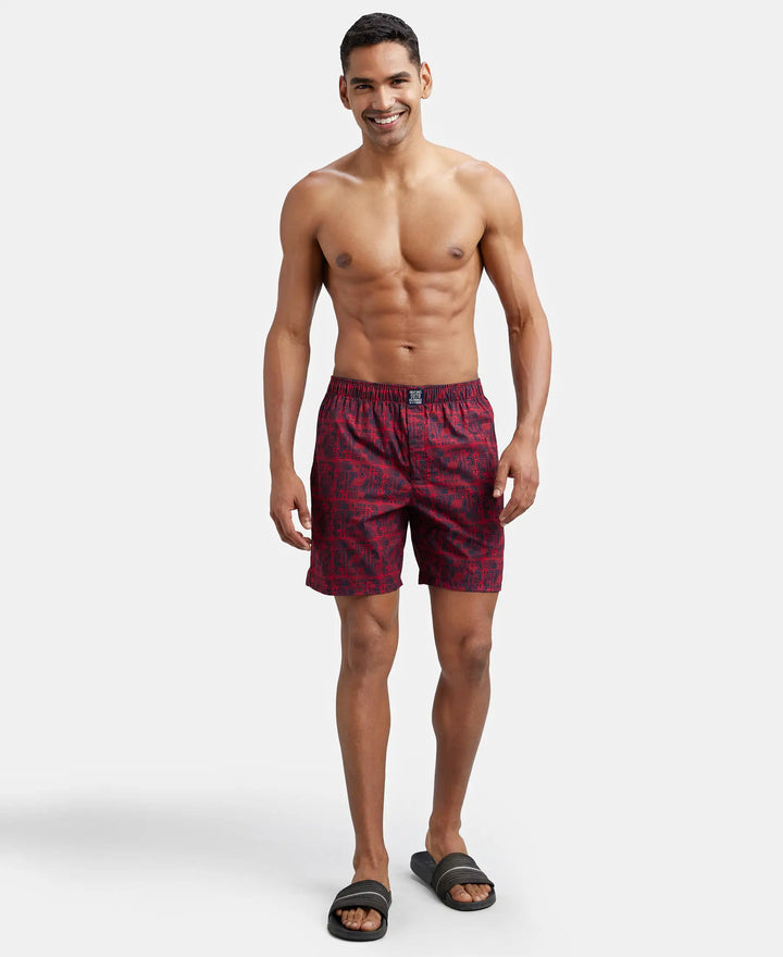 Super Combed Mercerized Cotton Woven Printed Boxer Shorts with Side Pocket - Navy Brick Red-11