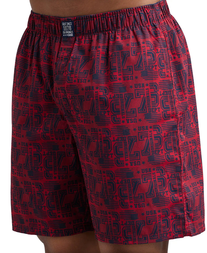 Super Combed Mercerized Cotton Woven Printed Boxer Shorts with Side Pocket - Navy Brick Red-12