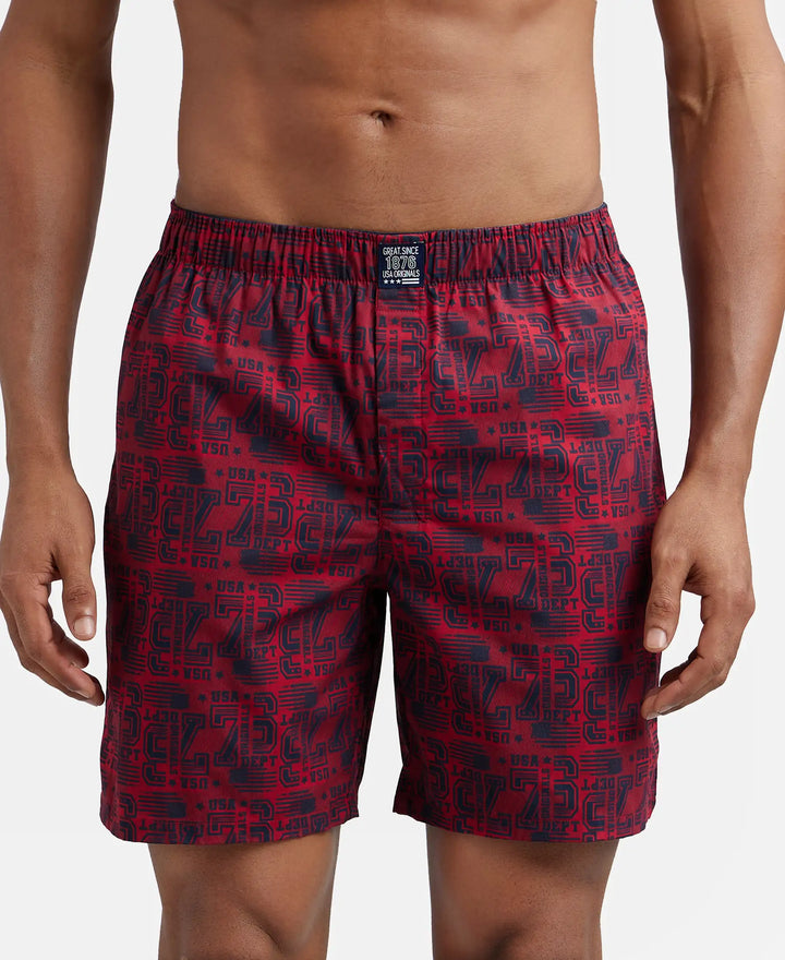 Super Combed Mercerized Cotton Woven Printed Boxer Shorts with Side Pocket - Navy Brick Red-3