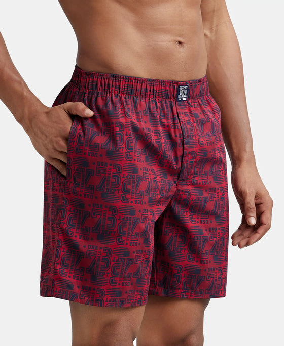 Super Combed Mercerized Cotton Woven Printed Boxer Shorts with Side Pocket - Navy Brick Red-4
