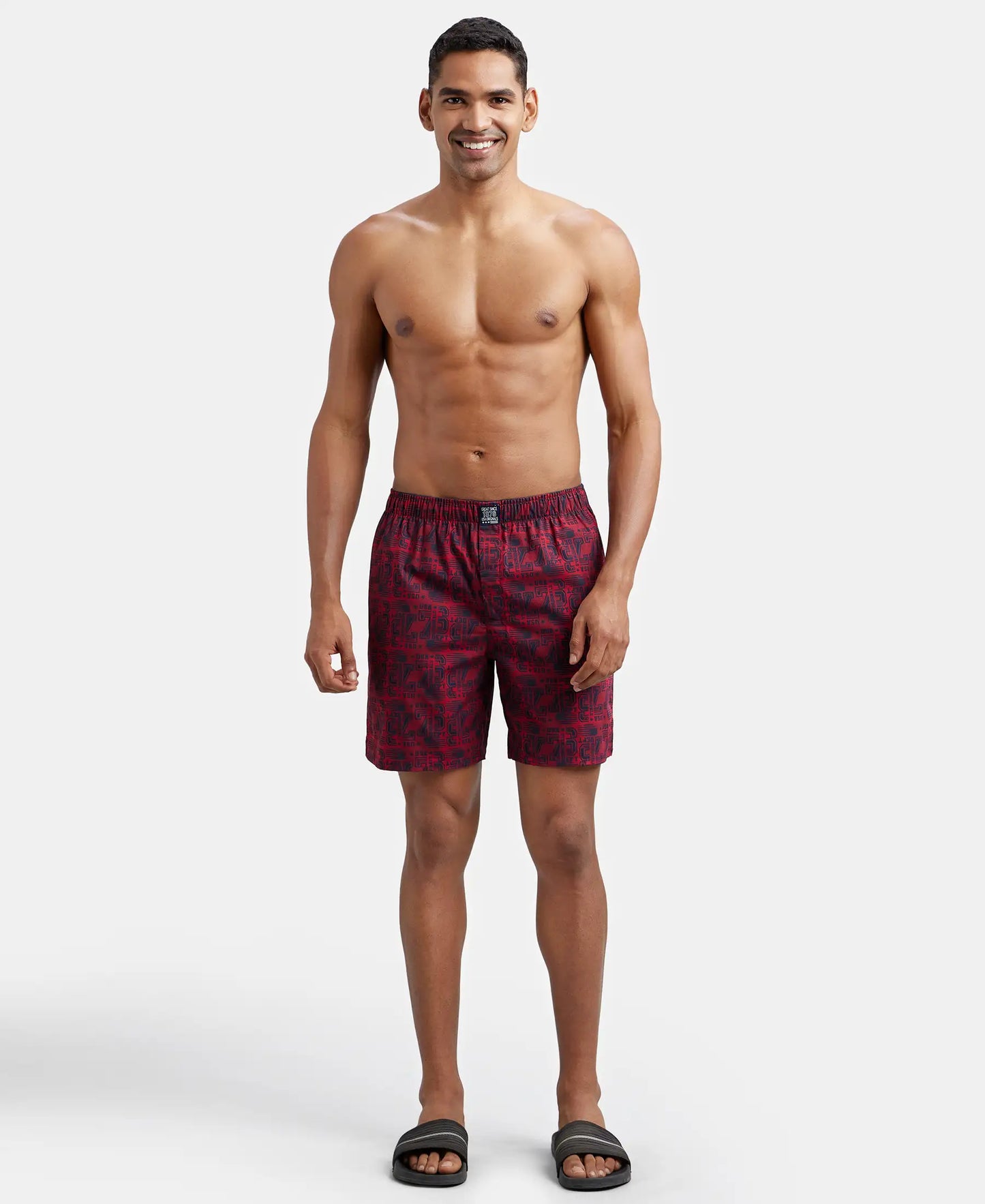 Super Combed Mercerized Cotton Woven Printed Boxer Shorts with Side Pocket - Navy Brick Red-7
