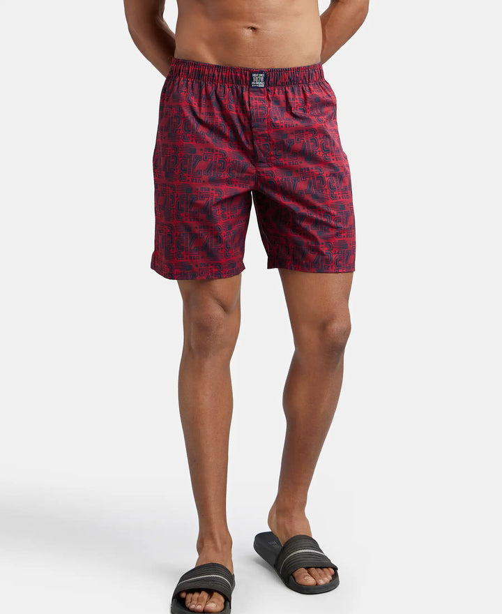 Super Combed Mercerized Cotton Woven Printed Boxer Shorts with Side Pocket - Navy Brick Red-9