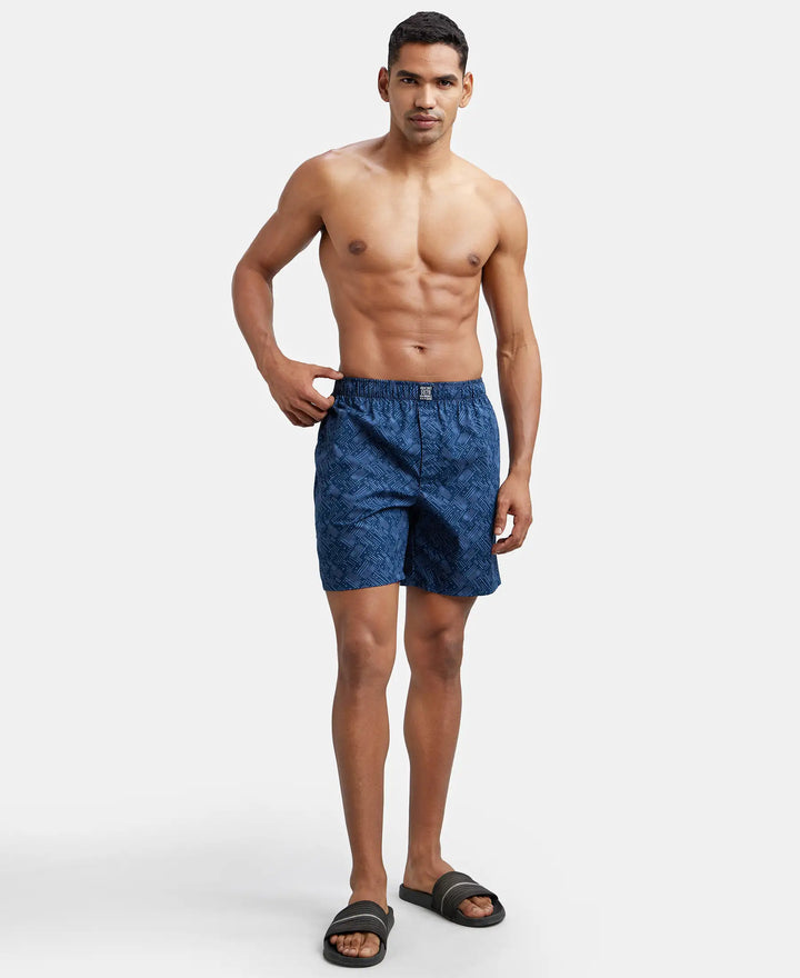 Super Combed Mercerized Cotton Woven Printed Boxer Shorts with Side Pocket - Navy Brick Red-10