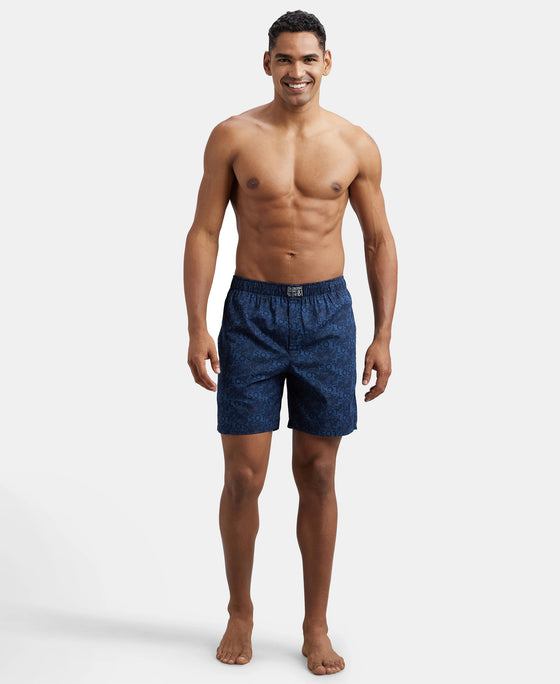 Super Combed Mercerized Cotton Woven Printed Boxer Shorts with Side Pocket - Navy Navy-5