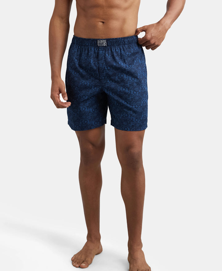 Super Combed Mercerized Cotton Woven Printed Boxer Shorts with Side Pocket - Navy Navy-6
