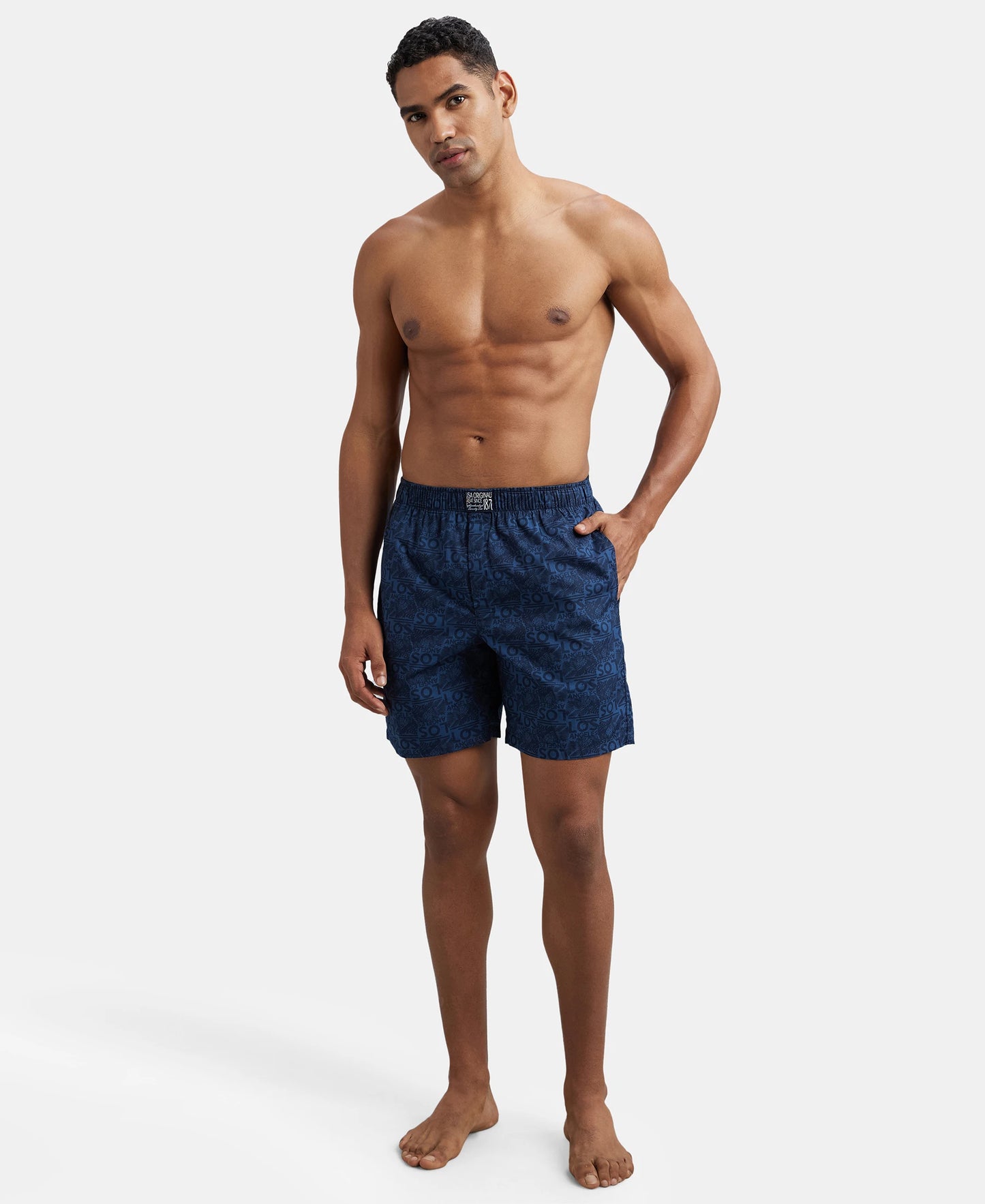 Super Combed Mercerized Cotton Woven Printed Boxer Shorts with Side Pocket - Navy Navy-7
