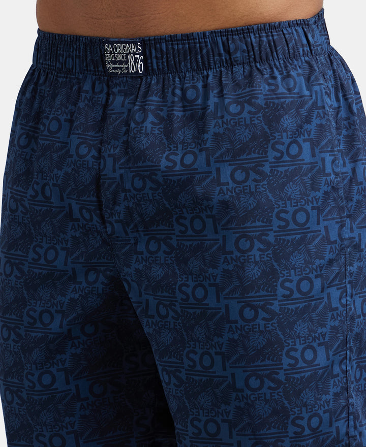 Super Combed Mercerized Cotton Woven Printed Boxer Shorts with Side Pockets - Navy Navy (Pack of 2)