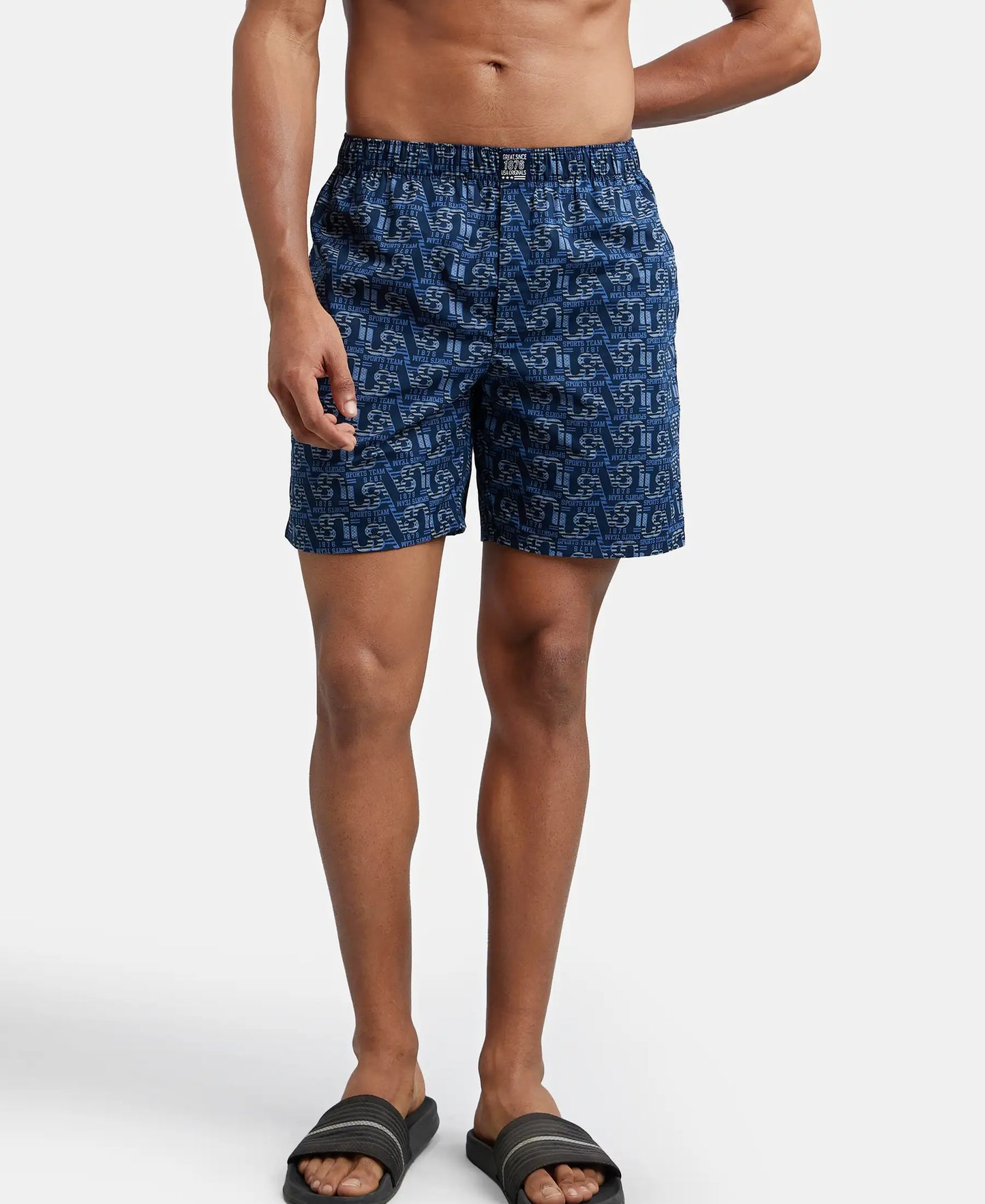 Super Combed Mercerized Cotton Woven Printed Boxer Shorts with Side Pocket - Navy Seaport Teal-11