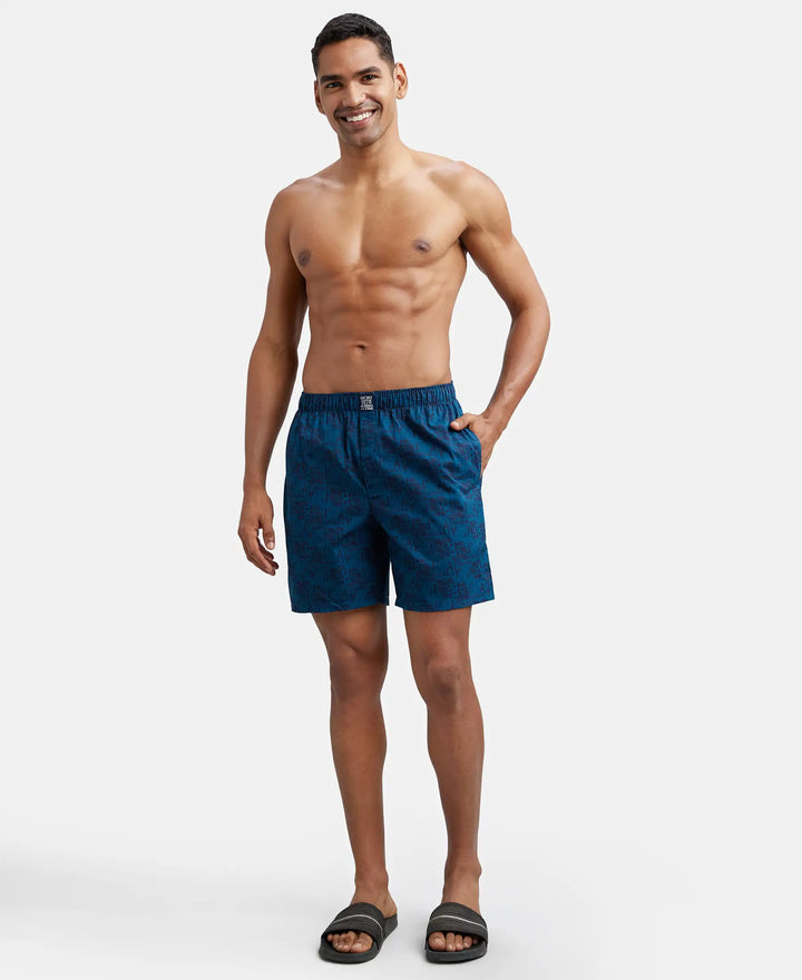 Super Combed Mercerized Cotton Woven Printed Boxer Shorts with Side Pocket - Navy Seaport Teal-12