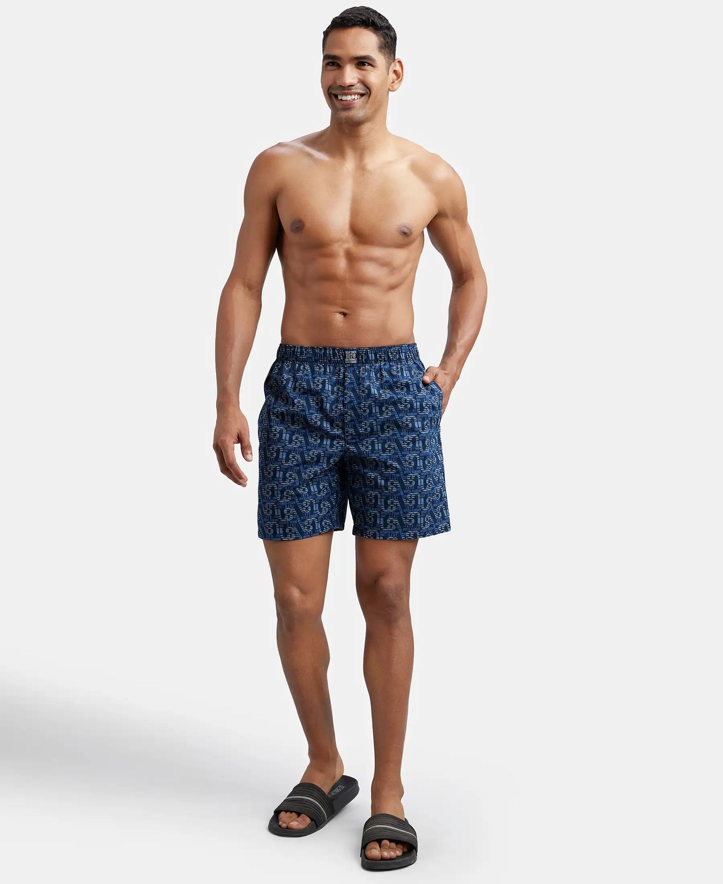 Super Combed Mercerized Cotton Woven Printed Boxer Shorts with Side Pocket - Navy Seaport Teal-13