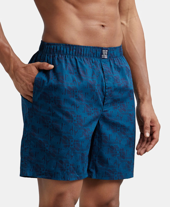 Super Combed Mercerized Cotton Woven Printed Boxer Shorts with Side Pocket - Navy Seaport Teal-4
