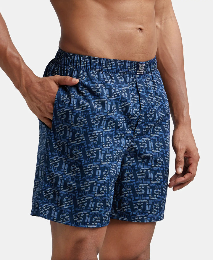 Super Combed Mercerized Cotton Woven Printed Boxer Shorts with Side Pocket - Navy Seaport Teal-5