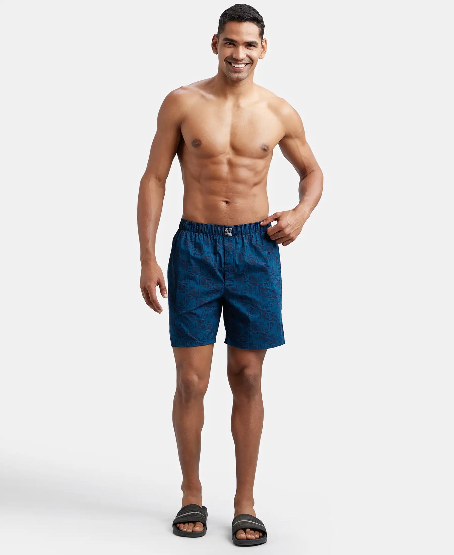Super Combed Mercerized Cotton Woven Printed Boxer Shorts with Side Pocket - Navy Seaport Teal-8