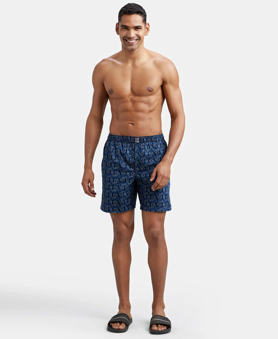 Super Combed Mercerized Cotton Woven Printed Boxer Shorts with Side Pocket - Navy Seaport Teal-9