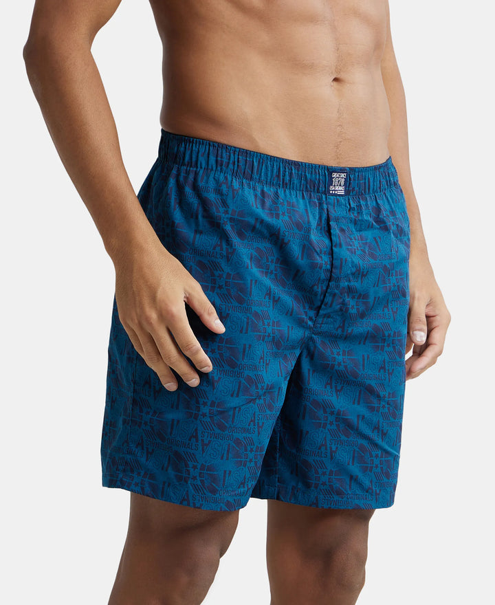 Super Combed Mercerized Cotton Woven Printed Boxer Shorts with Side Pocket - Seaport Teal-2