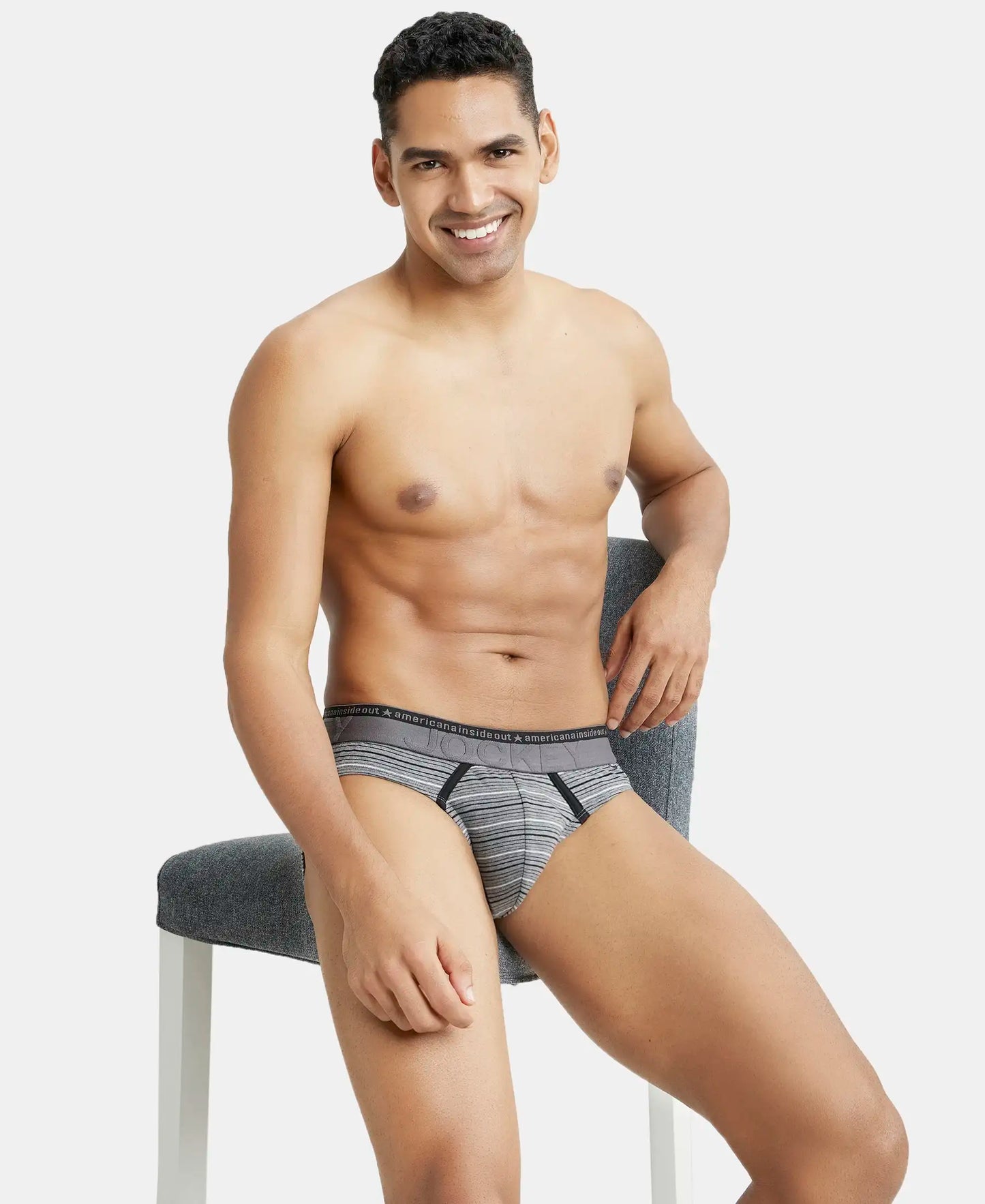 Super Combed Cotton Elastane Stripe Brief with Ultrasoft Waistband  - Mid Grey Melange-5