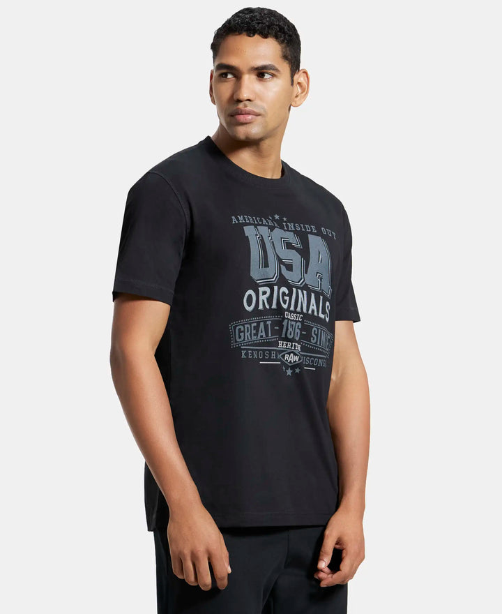 Super Combed Cotton Rich Graphic Printed Round Neck Half Sleeve T-Shirt - Black print-2