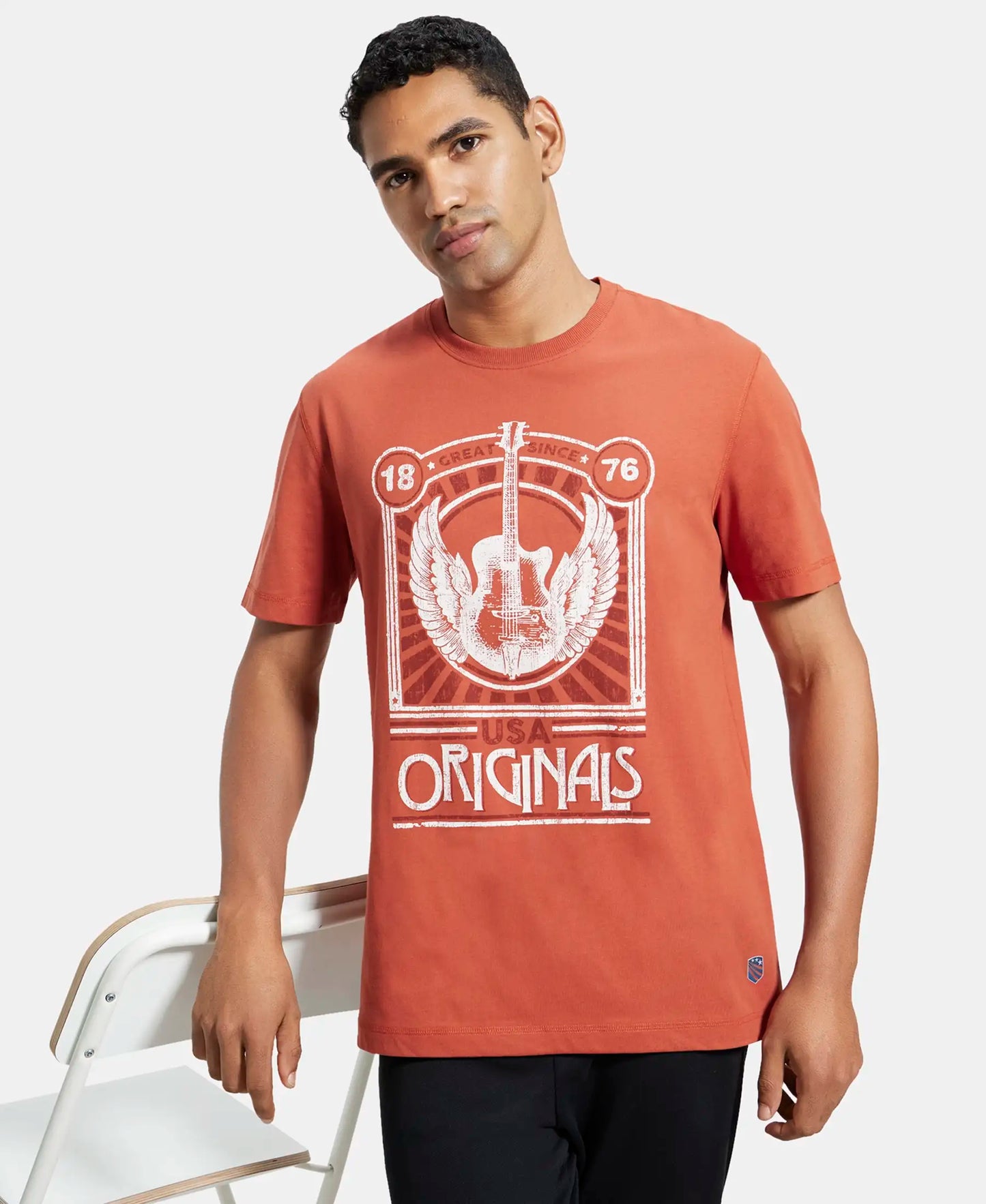 Super Combed Cotton Rich Graphic Printed Round Neck Half Sleeve T-Shirt - Cinnabar-5