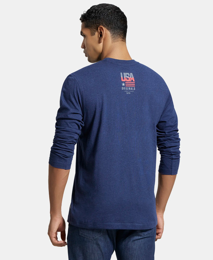 Super Combed Cotton Rich Graphic Printed Round Neck Full Sleeve T-Shirt - Ink Blue Melange-3