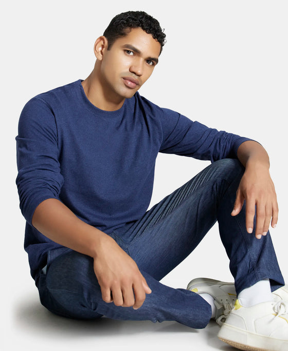 Super Combed Cotton Rich Graphic Printed Round Neck Full Sleeve T-Shirt - Ink Blue Melange-5