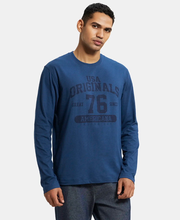 Super Combed Cotton Rich Graphic Printed Round Neck Full Sleeve T-Shirt - Insignia Blue-2