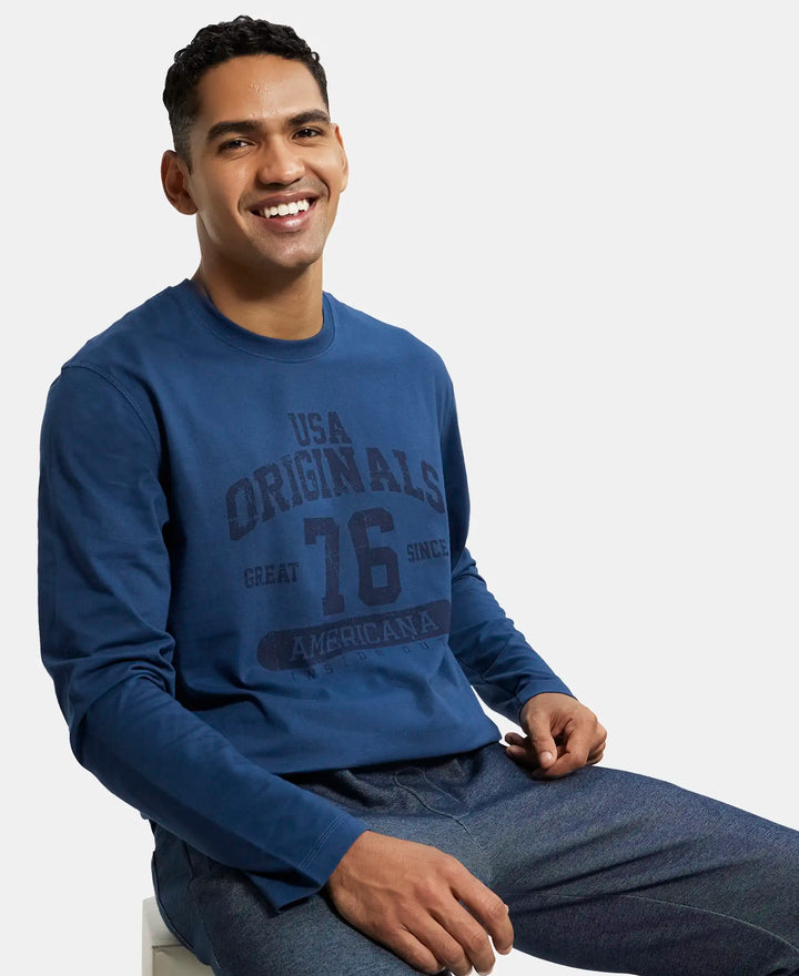 Super Combed Cotton Rich Graphic Printed Round Neck Full Sleeve T-Shirt - Insignia Blue-5