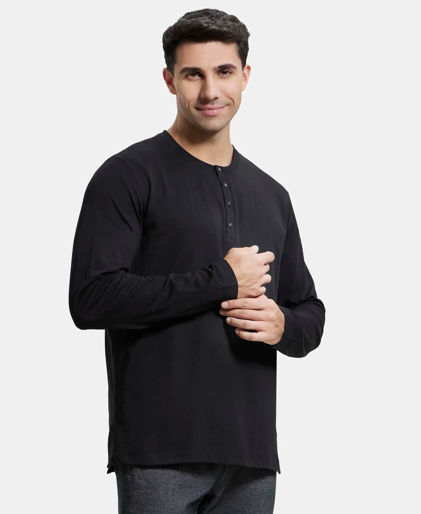Super Combed Cotton Rich Solid Full Sleeve Henley T-Shirt - Black-2