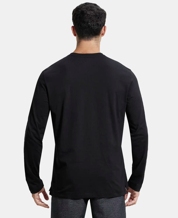 Super Combed Cotton Rich Solid Full Sleeve Henley T-Shirt - Black-3
