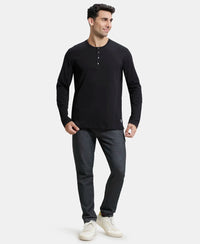 Super Combed Cotton Rich Solid Full Sleeve Henley T-Shirt - Black-4
