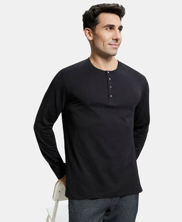 Super Combed Cotton Rich Solid Full Sleeve Henley T-Shirt - Black-5