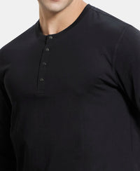 Super Combed Cotton Rich Solid Full Sleeve Henley T-Shirt - Black-6