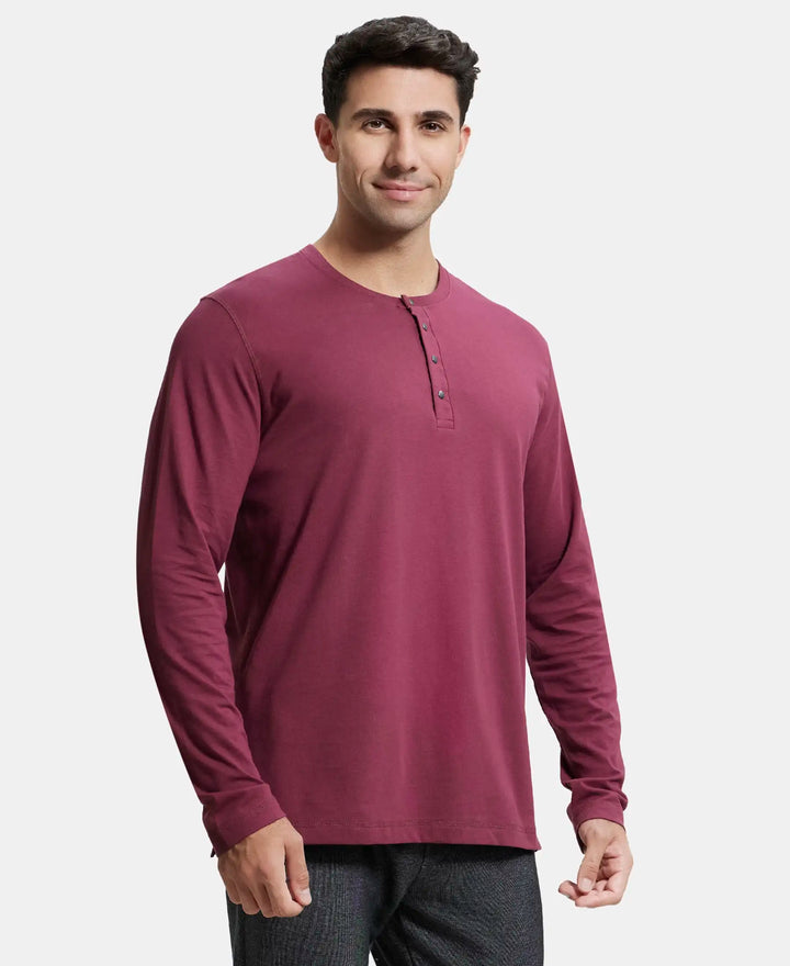 Super Combed Cotton Rich Solid Full Sleeve Henley T-Shirt - Burgundy-2