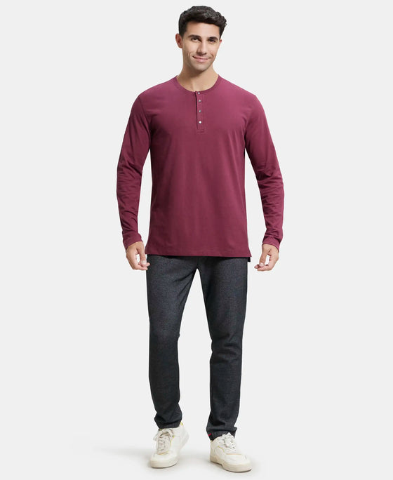 Super Combed Cotton Rich Solid Full Sleeve Henley T-Shirt - Burgundy-4