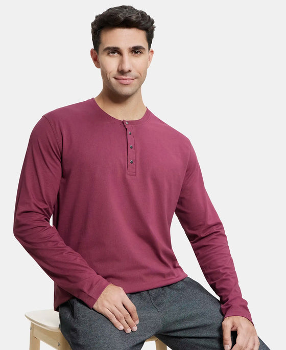 Super Combed Cotton Rich Solid Full Sleeve Henley T-Shirt - Burgundy-5
